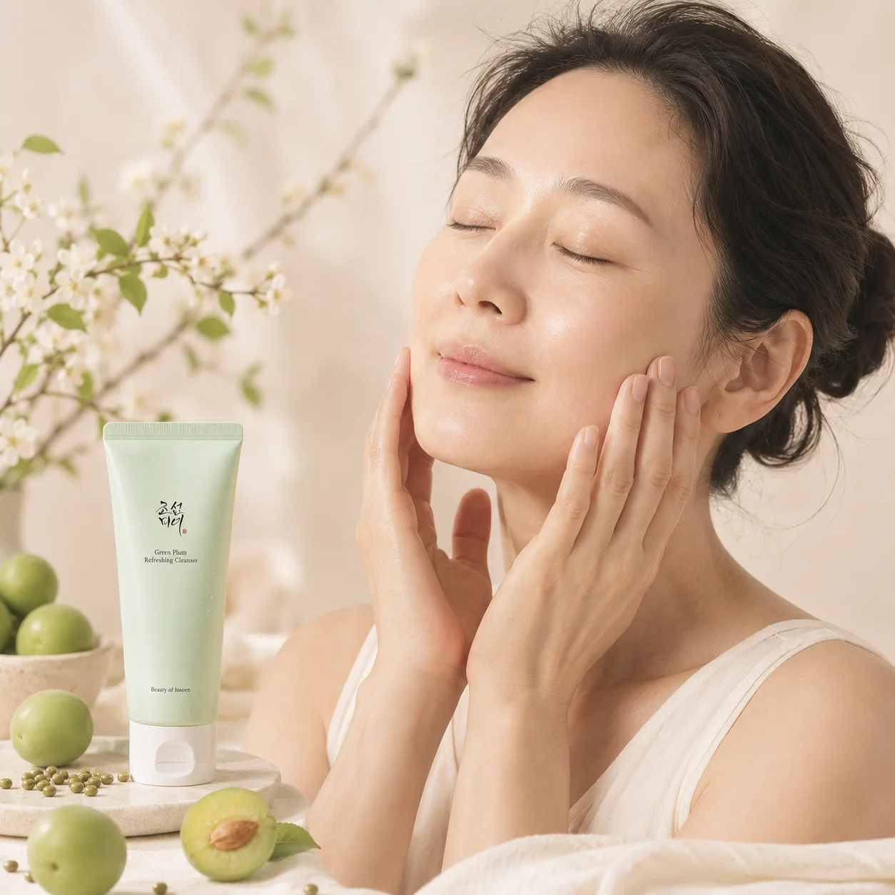 Femme à la peau mature et confortable après le nettoyage, avec le Green Plum Refreshing Cleanser de Beauty of Joseon.