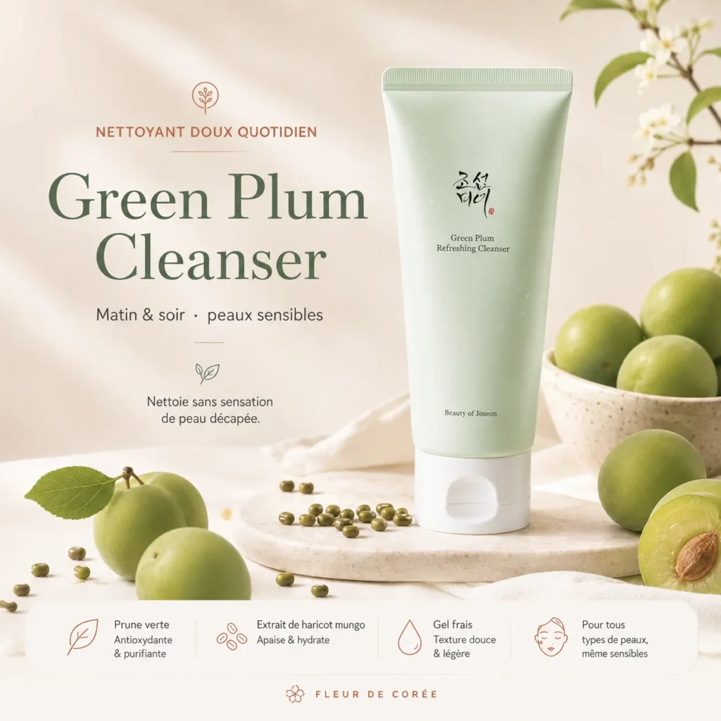 Green Plum Refreshing Cleanser de Beauty of Joseon présenté avec prunes vertes et haricot mungo, nettoyant doux quotidien pour peaux sensibles.