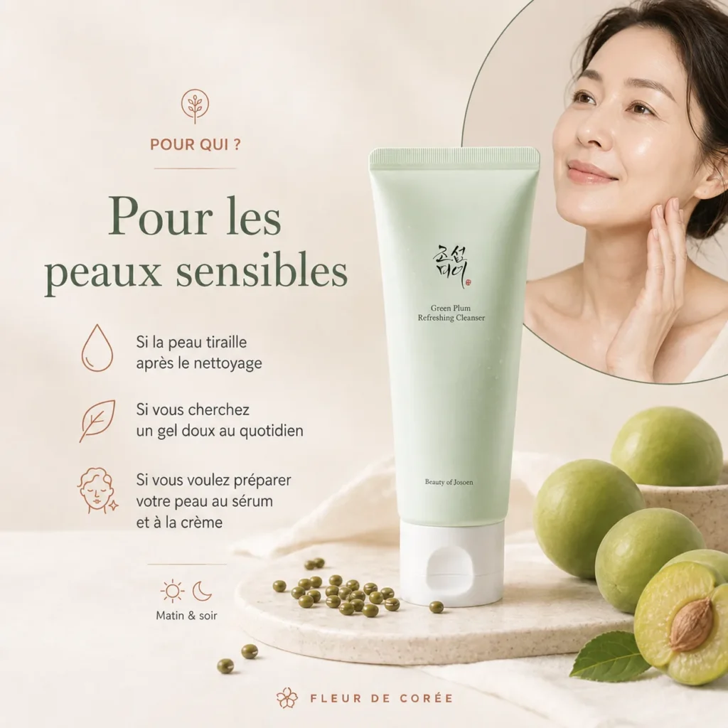 Texture gel du Green Plum Refreshing Cleanser versée dans la main, avec mousse légère, prunes vertes et tube du produit.