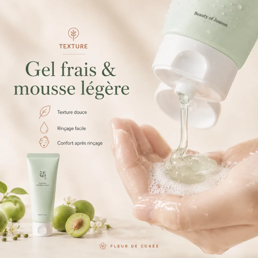 Green Plum Refreshing Cleanser pour peaux sensibles, avec tube du produit et femme à la peau lumineuse et confortable après le nettoyage.