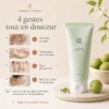 Visuel présentant les 3 bénéfices clés du Green Plum Refreshing Cleanser : nettoyer en douceur, préserver le confort et préparer la peau à la routine.