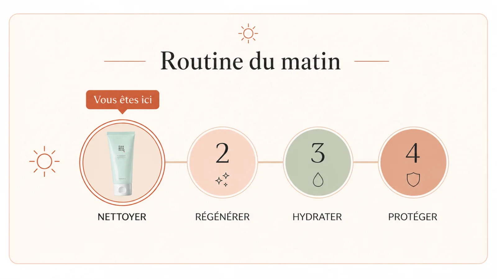Schéma de la routine du matin en 4 étapes : nettoyer, régénérer, hydrater et protéger, avec le Green Plum Refreshing Cleanser indiqué comme étape actuelle.