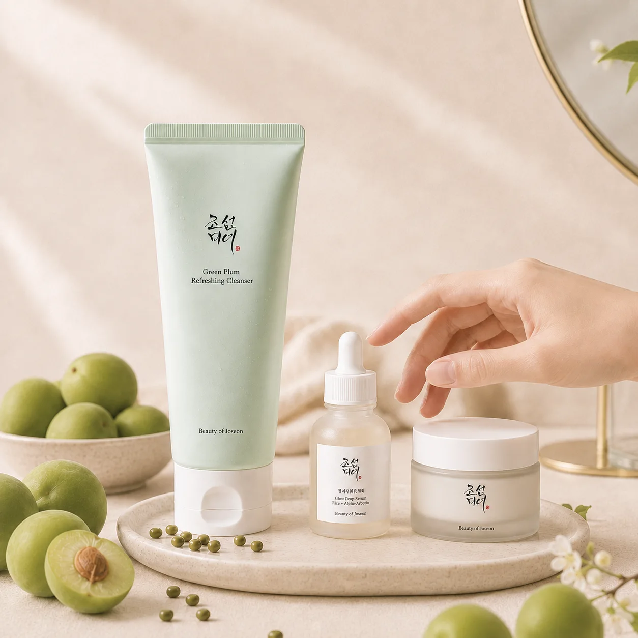 Green Plum Refreshing Cleanser présenté comme première étape d’une routine de soin, avant le sérum et la crème.