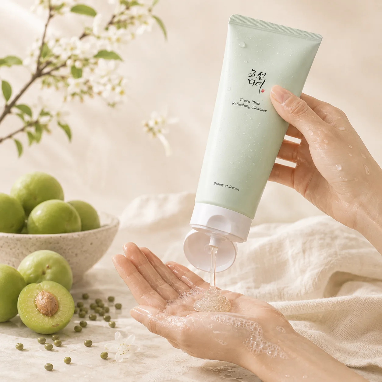 Green Plum Refreshing Cleanser versé dans la main avant le nettoyage du visage, avec prunes vertes et haricots mungo.