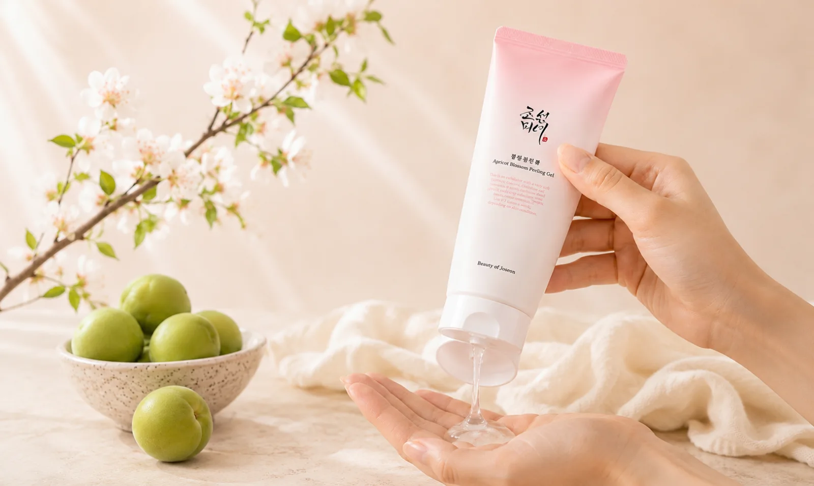 Beauty of Joseon Apricot Blossom Peeling Gel versé dans la main, montrant sa texture gel transparente.