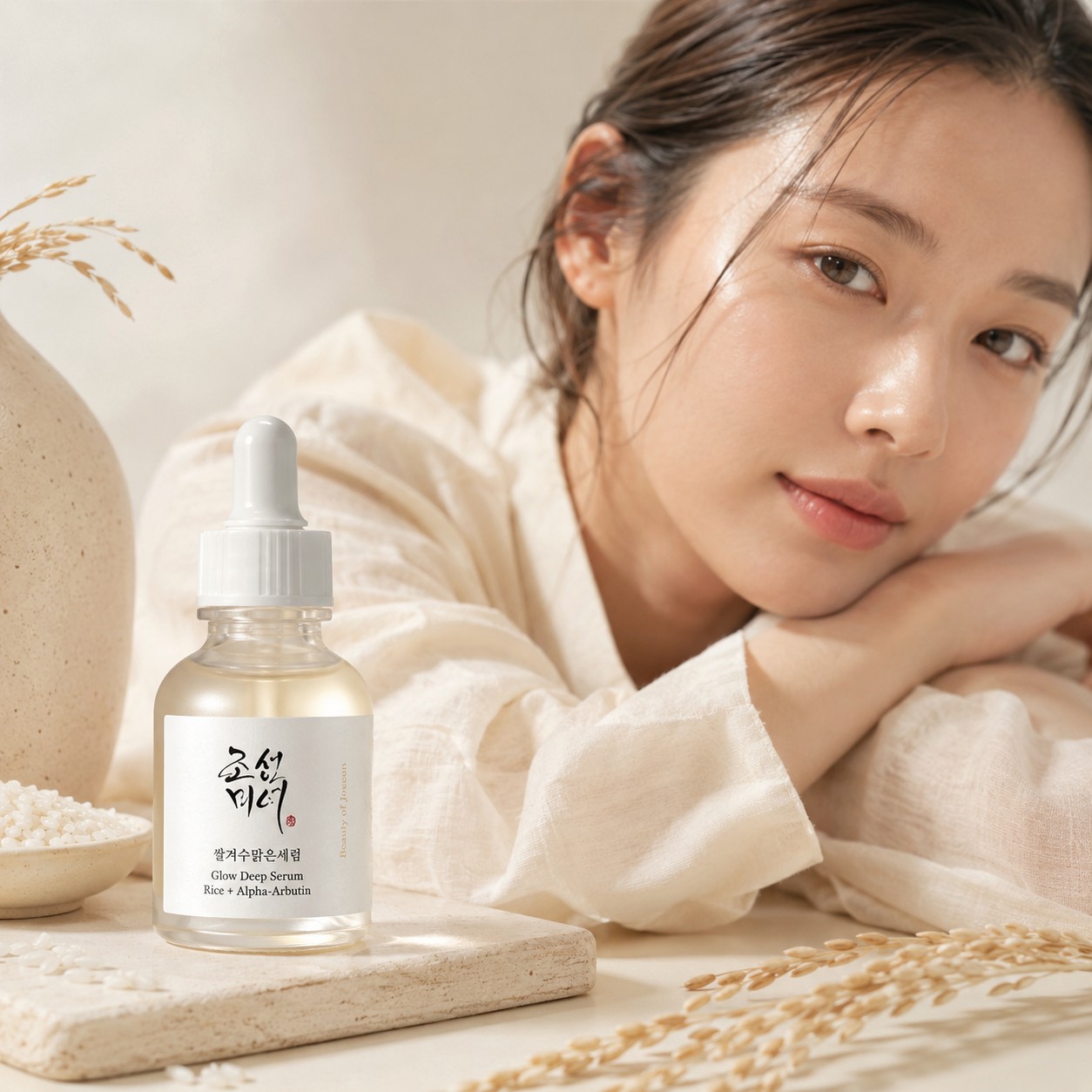 Femme au teint uniforme et lumineux avec le sérum Beauty of Joseon Glow Deep Rice + Alpha-Arbutin et des épis de riz.