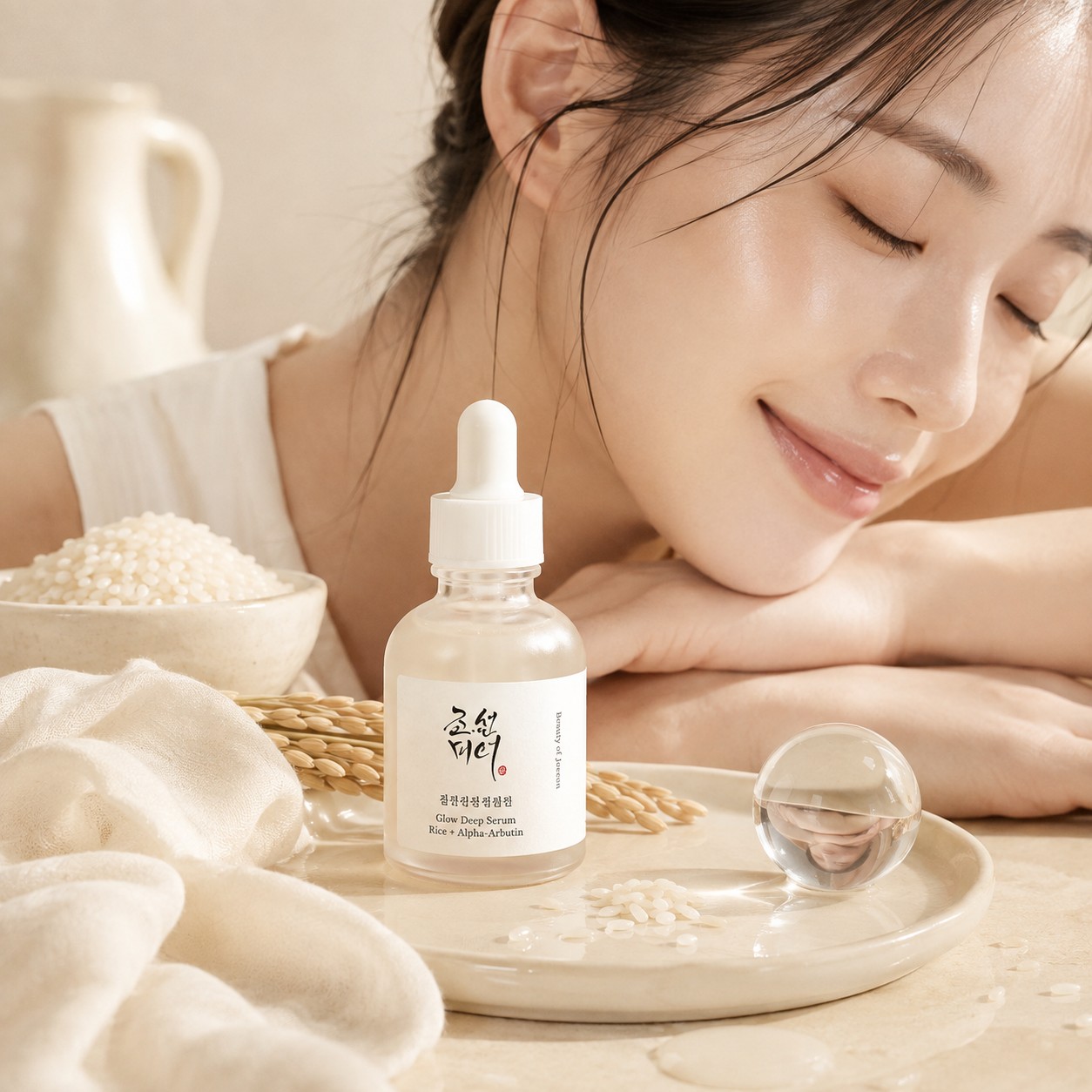 Beauty of Joseon Glow Deep Serum présenté avec une femme à la peau lumineuse dans une ambiance évoquant l’hydratation et le riz.