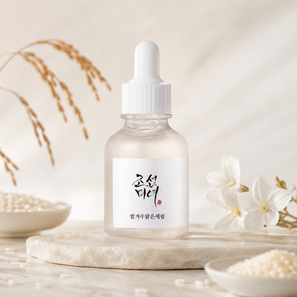 Beauty of Joseon Glow Deep Serum Rice + Alpha-Arbutin présenté sur un socle clair avec grains et épis de riz.
