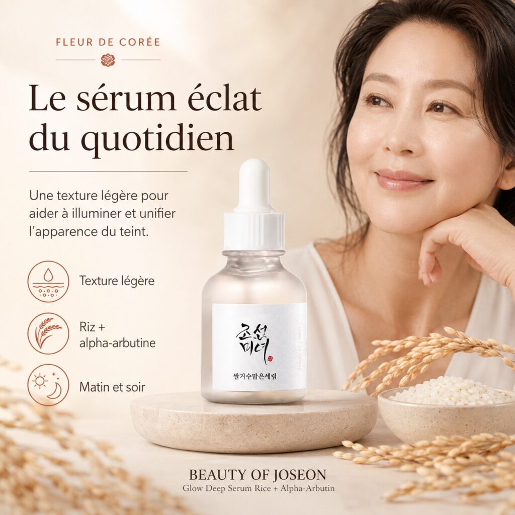 Présentation du Beauty of Joseon Glow Deep Serum Rice + Alpha-Arbutin comme sérum éclat quotidien pour le teint.