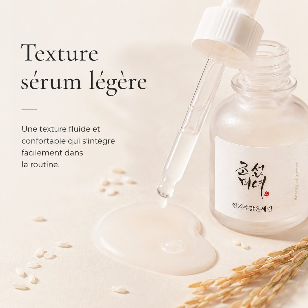 Texture légère du Beauty of Joseon Glow Deep Serum montrée avec sa pipette et une goutte de sérum.