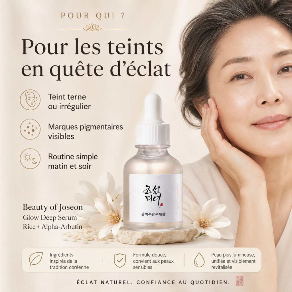 Beauty of Joseon Glow Deep Serum présenté pour les teints ternes ou irréguliers et les marques pigmentaires visibles.