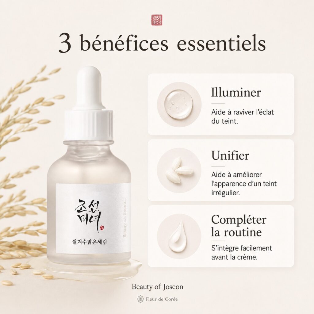 Infographie des trois bénéfices du Beauty of Joseon Glow Deep Serum : illuminer, unifier et compléter la routine.
