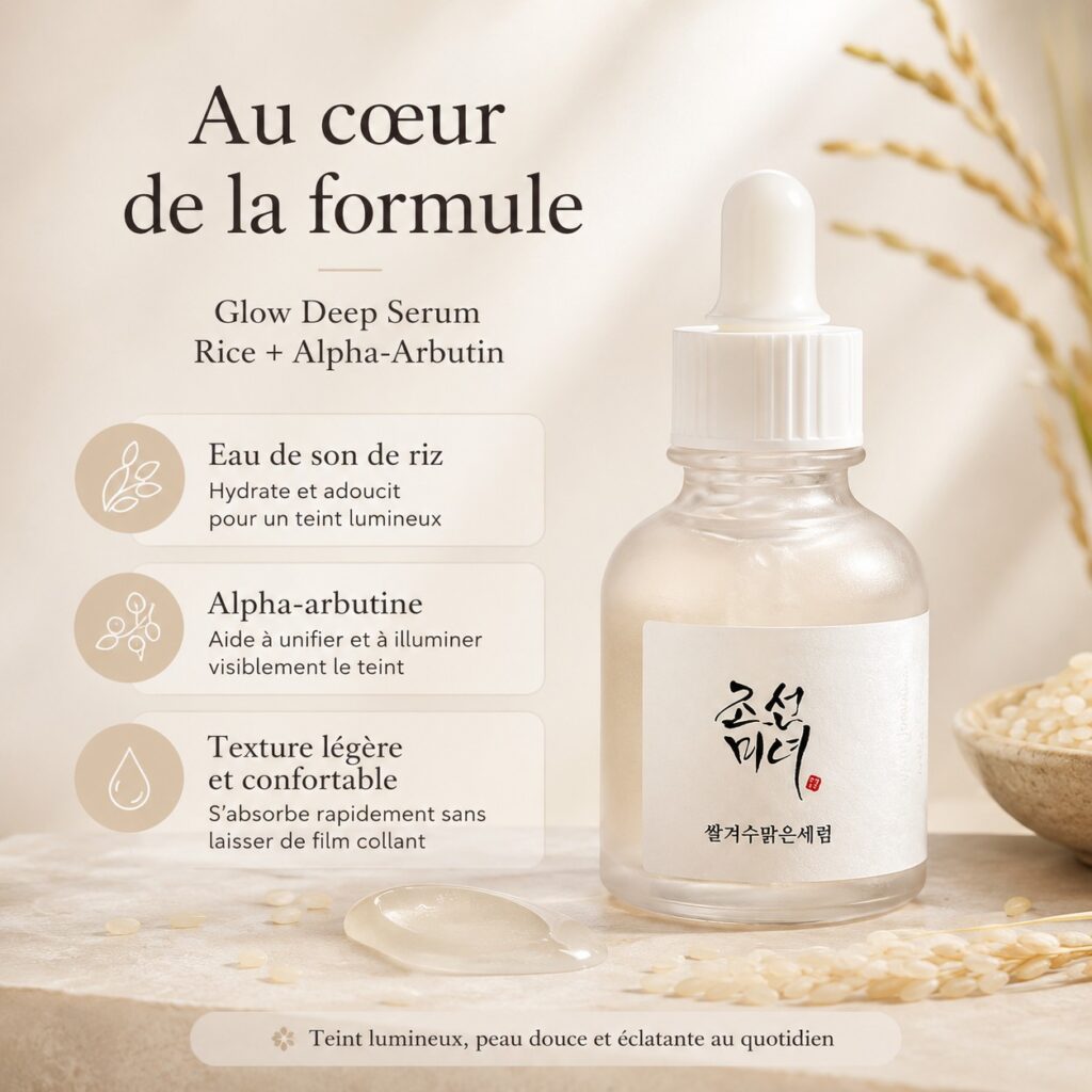 Beauty of Joseon Glow Deep Serum avec riz et présentation de sa formule à base de riz et d’alpha-arbutine.