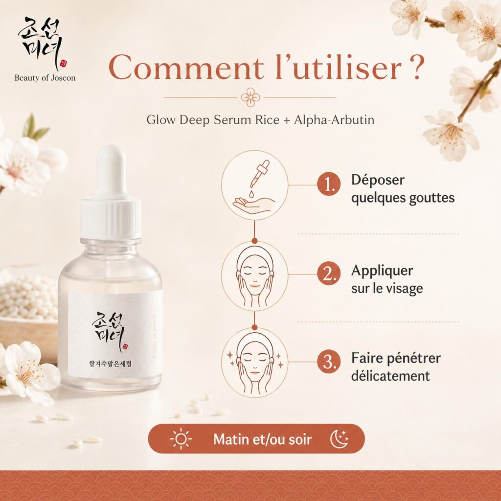 Mode d’emploi du Beauty of Joseon Glow Deep Serum en trois étapes : déposer quelques gouttes, appliquer et faire pénétrer.
