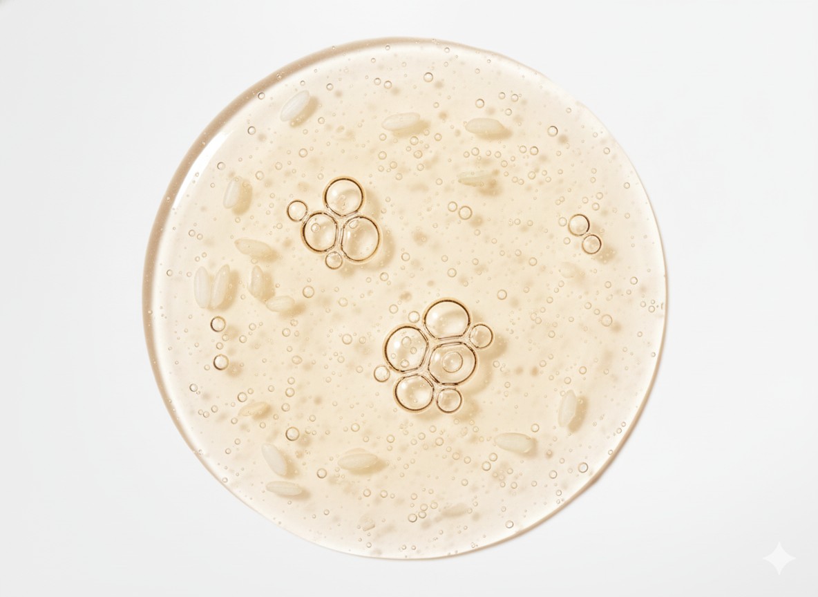 Texture translucide du Beauty of Joseon Glow Deep Serum avec bulles et grains de riz.