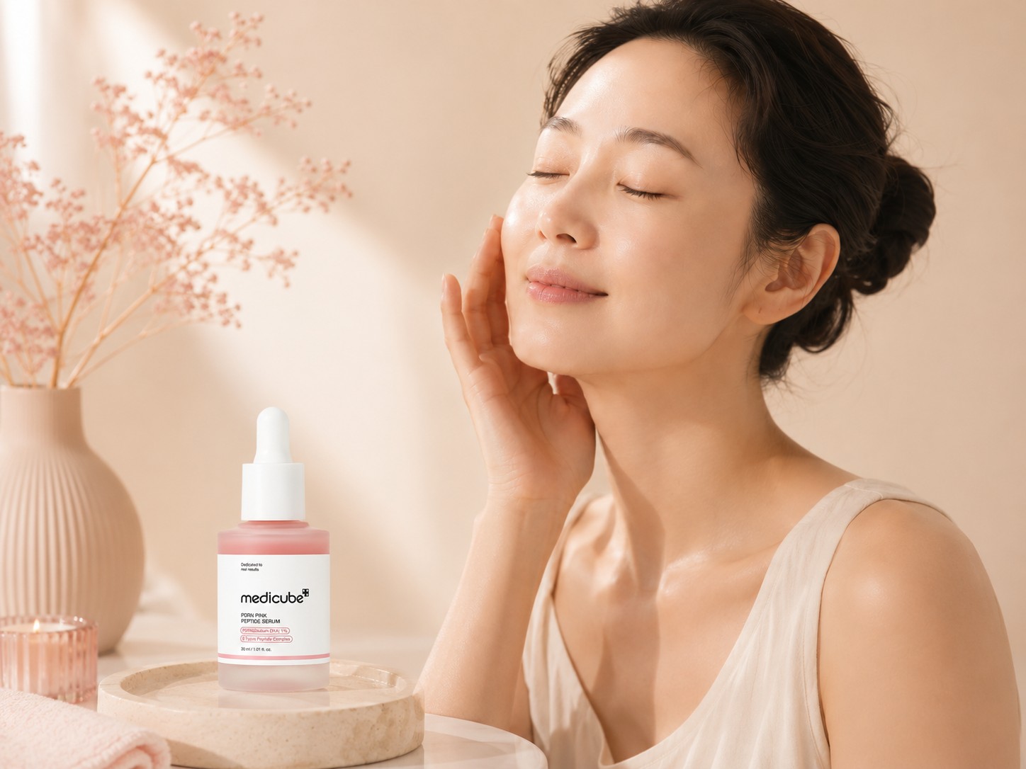 Femme asiatique de plus de 40 ans touchant sa peau après application du Medicube PDRN Pink Peptide Serum