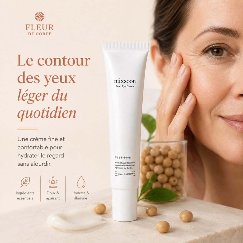 Mixsoon Bean Eye Cream présenté avec une femme à la peau mature, soin léger et hydratant pour le contour des yeux.