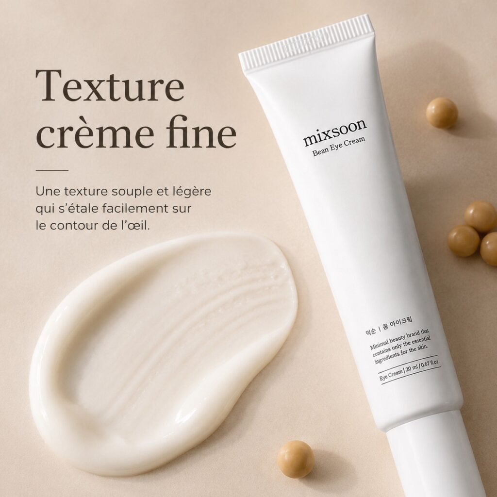 Texture crème fine et légère du Mixsoon Bean Eye Cream à côté du tube de 20 ml.