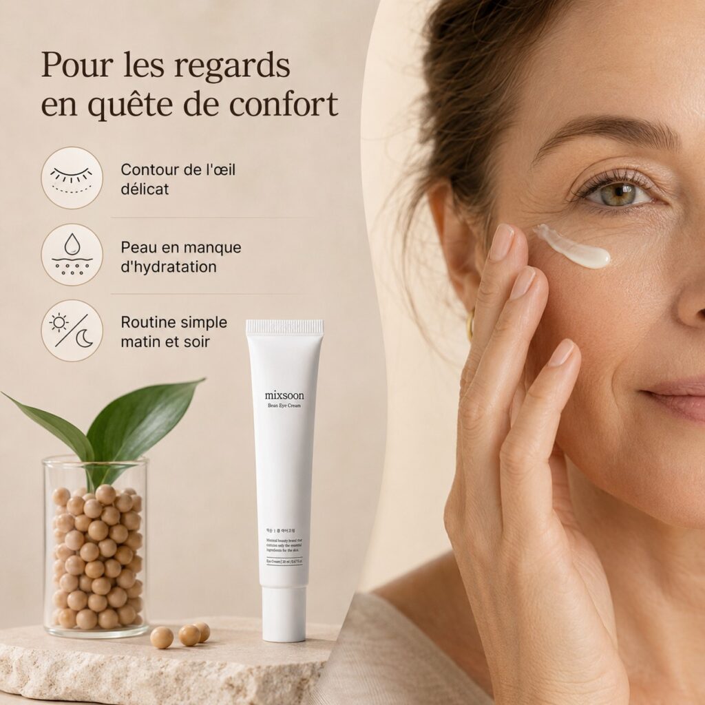Femme appliquant le Mixsoon Bean Eye Cream sur le contour de l’œil pour hydrater une zone délicate et en manque de confort.
