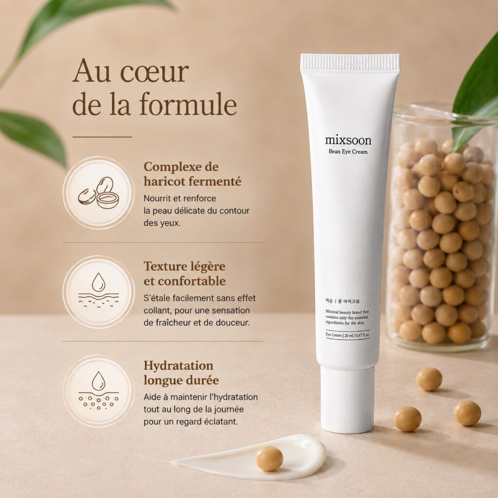 Mixsoon Bean Eye Cream présenté avec du soja, illustrant sa formule et sa texture légère pour le contour des yeux.