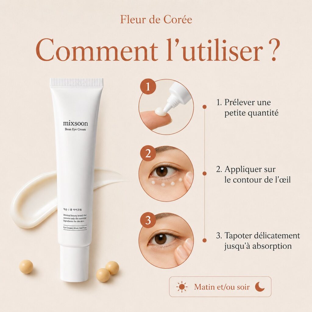 Mode d’emploi du Mixsoon Bean Eye Cream en trois gestes : prélever une petite quantité, appliquer autour de l’œil puis tapoter délicatement.