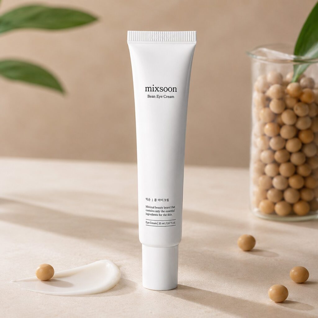 Mixsoon Bean Eye Cream 20 ml, crème contour des yeux coréenne présentée avec des graines de soja sur fond beige.