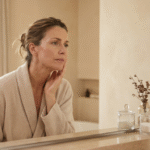 Femme mature fatiguée regardant son reflet dans le miroir