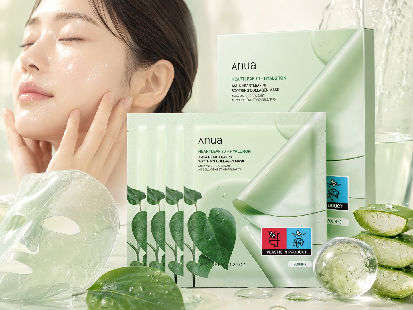Anua Heartleaf 70 + Hyaluron Soothing Collagen Mask présenté avec une femme à la peau lumineuse, des feuilles de heartleaf et une texture gel fraîche.
