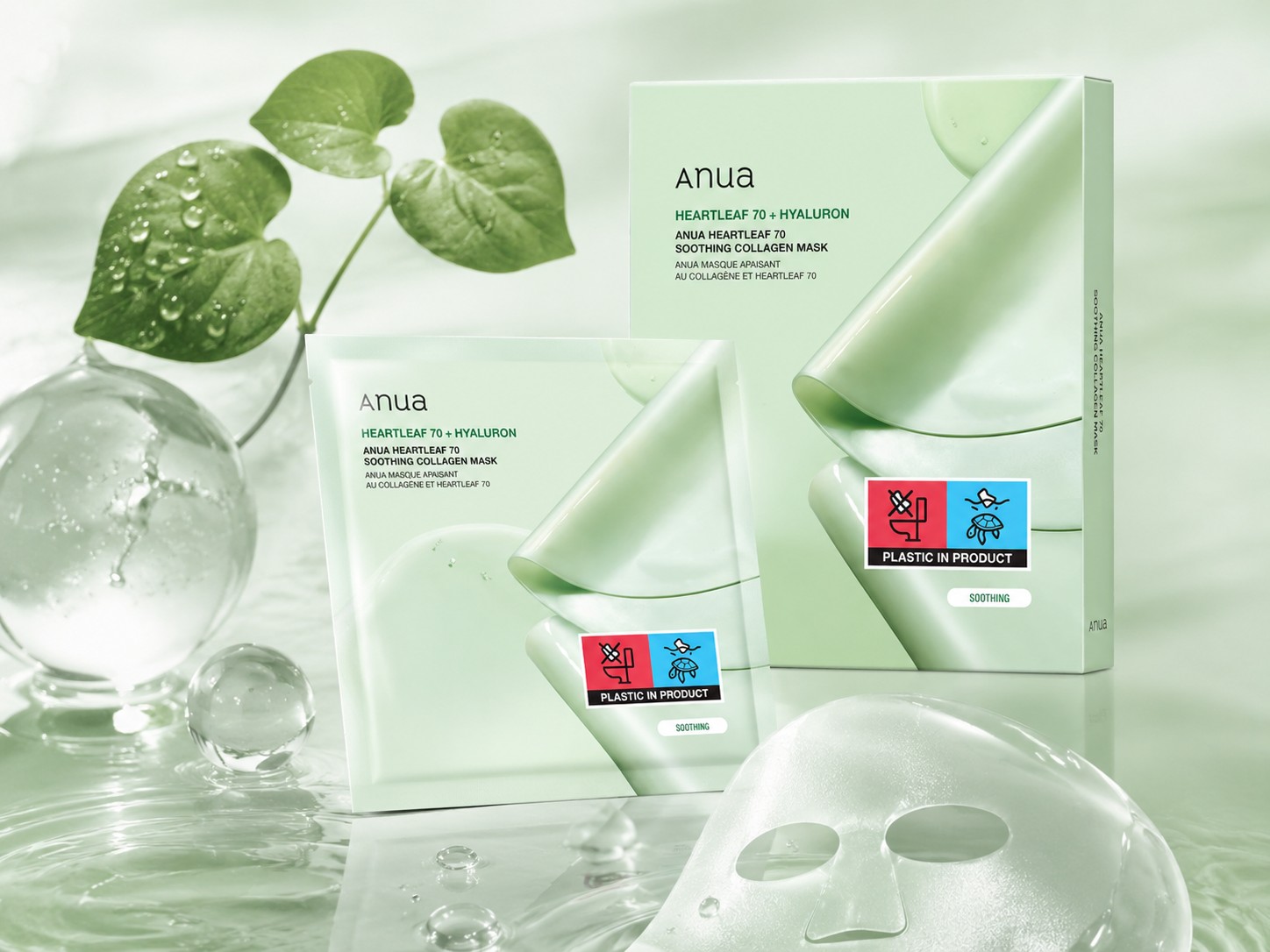 Anua Heartleaf 70 + Hyaluron Soothing Collagen Mask avec feuilles de heartleaf, texture gel transparente et masque hydrogel.