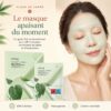Femme portant le masque Anua Heartleaf 70 + Hyaluron, présenté avec le produit dans une mise en scène dédiée à l’apaisement.