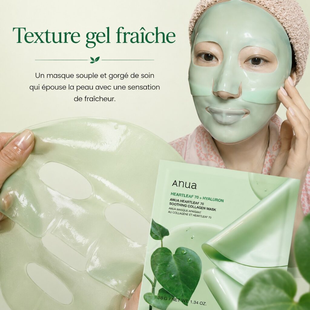 Texture gel fraîche de l’Anua Heartleaf 70 + Hyaluron Soothing Collagen Mask, avec masque appliqué sur le visage et produit présenté.