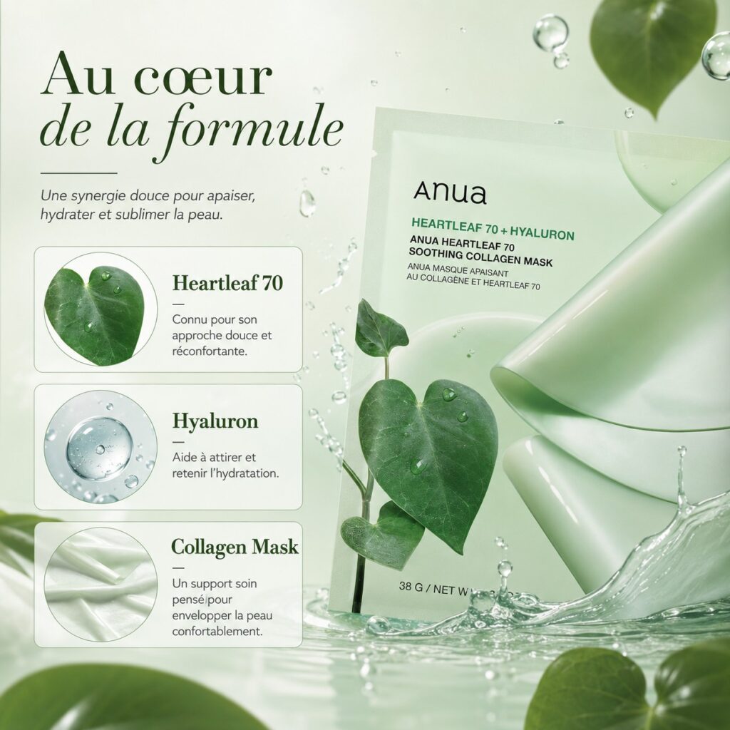 Anua Heartleaf 70 + Hyaluron Soothing Collagen Mask avec une présentation de sa formule à base de heartleaf, hyaluron et collagène.