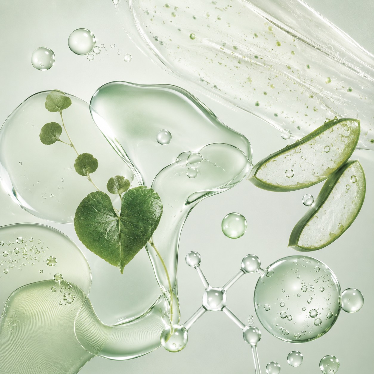 Texture abstraite de gel hydratant avec feuilles de heartleaf, aloe vera, gouttelettes et éléments translucides évoquant la formule du masque Anua.