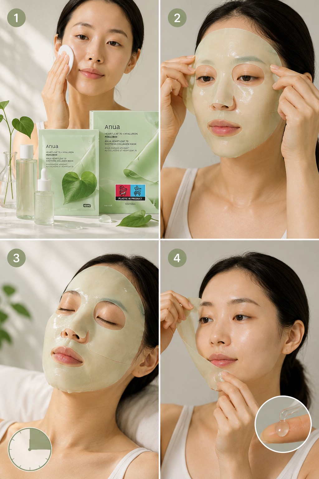 Montage en quatre étapes montrant la préparation de la peau, la pose, le temps de pause et le retrait du masque Anua Heartleaf 70 + Hyaluron.