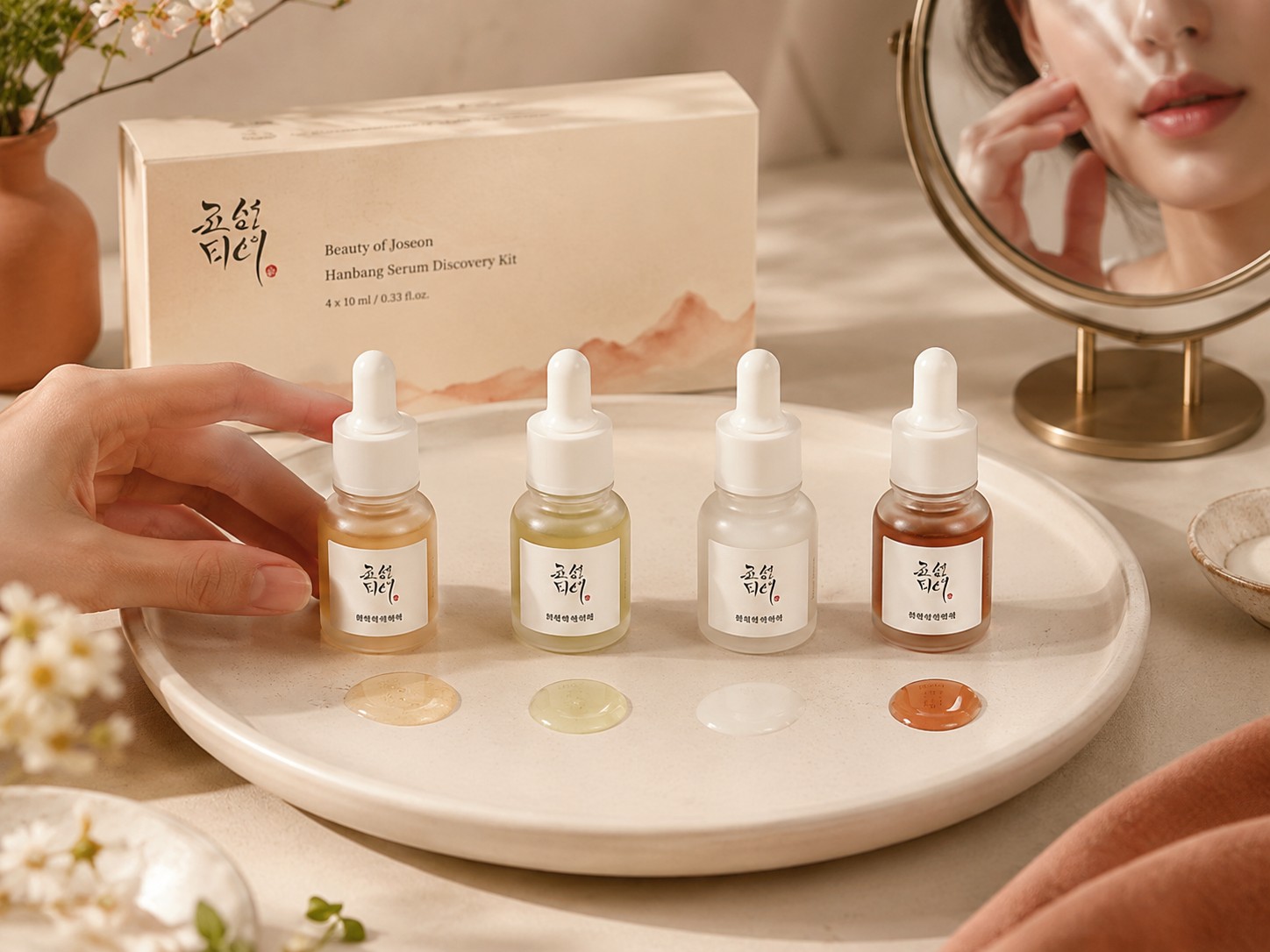 Coffret Hanbang Serum Discovery Kit de Beauty of Joseon avec quatre mini-sérums présentés sur un plateau, devant un miroir.