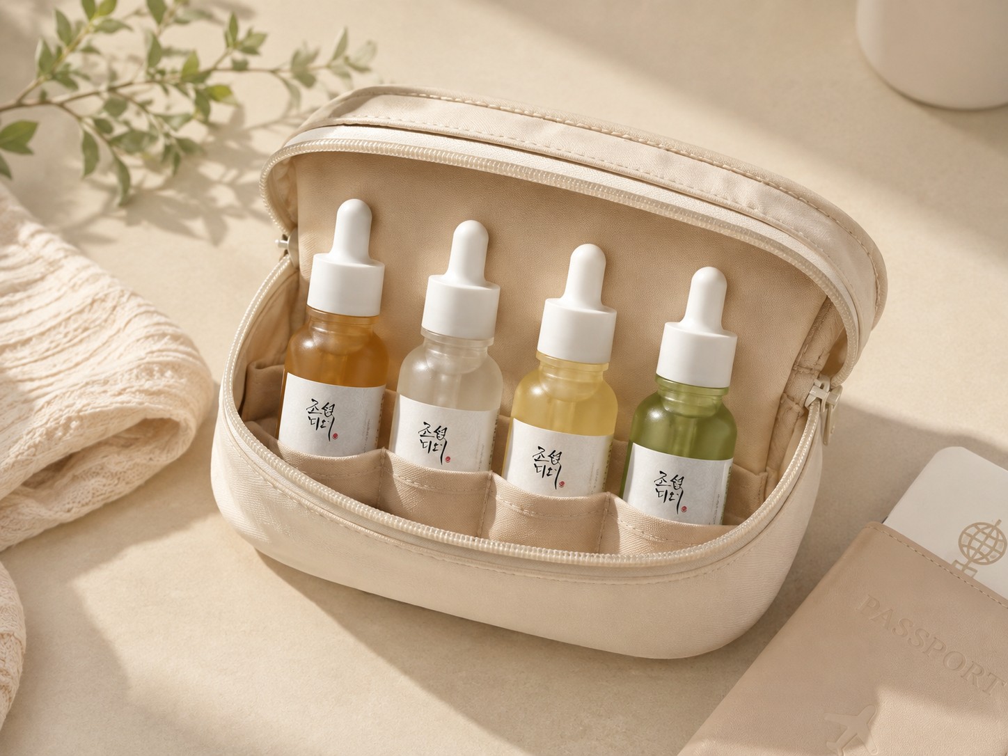 Quatre mini-sérums Beauty of Joseon rangés dans une trousse de voyage beige, avec passeport et accessoires de voyage.