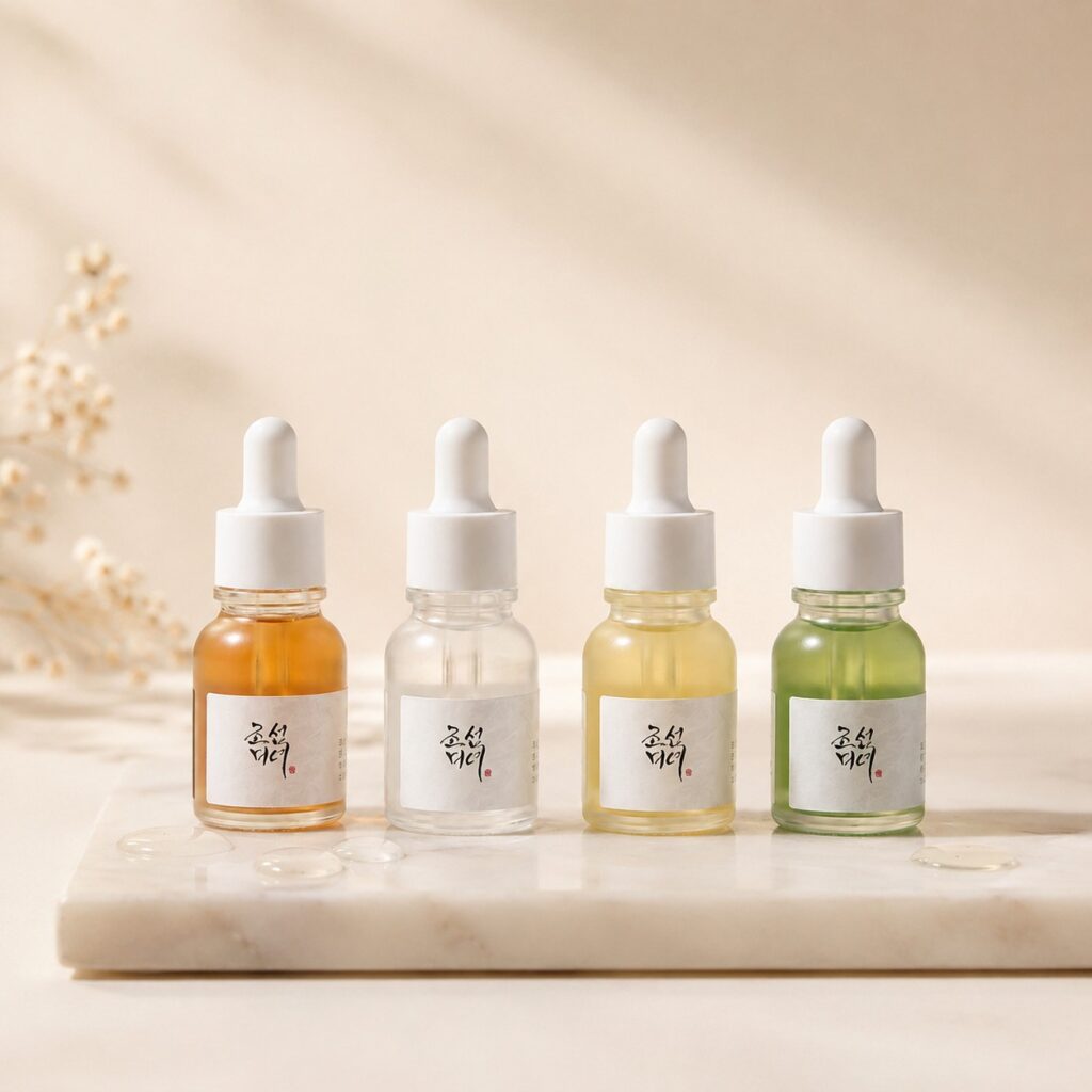 Hanbang Serum Discovery Kit de Beauty of Joseon ouvert, avec quatre mini-sérums disposés dans leur coffret.