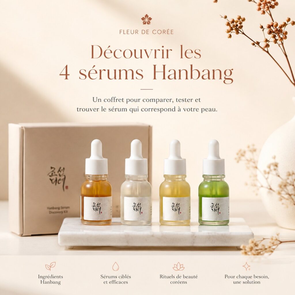 Quatre mini-sérums Hanbang de Beauty of Joseon présentés sur un socle avec le coffret, pour découvrir et comparer les formules.