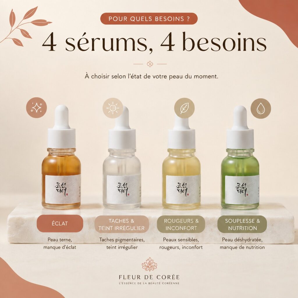 Visuel Fleur de Corée présentant quatre sérums Hanbang de Beauty of Joseon et quatre besoins de peau : éclat, teint, apaisement et nutrition.