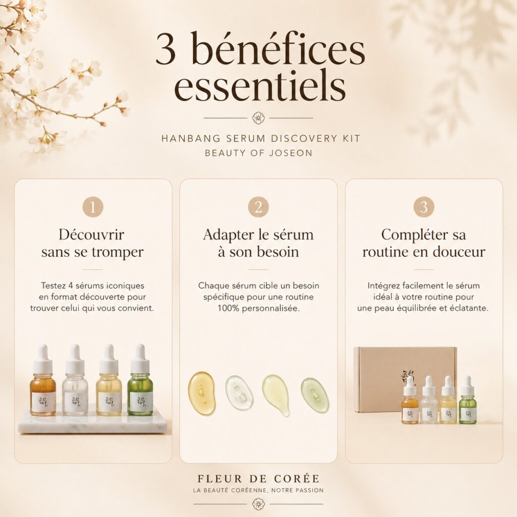 Visuel présentant trois bénéfices du Hanbang Serum Discovery Kit : découvrir les sérums, choisir selon son besoin et compléter sa routine.