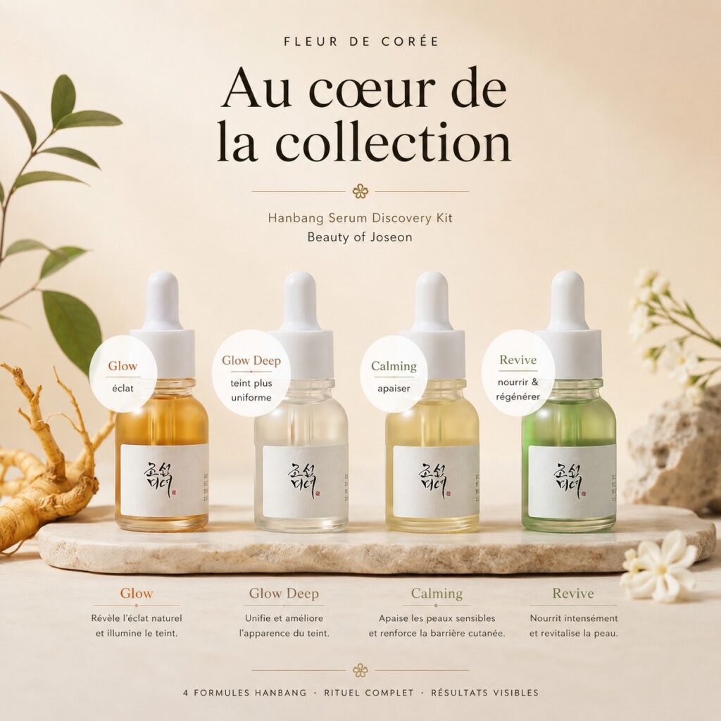 Les quatre mini-sérums Hanbang Beauty of Joseon Glow, Glow Deep, Calming et Revive présentés avec leurs principaux usages.