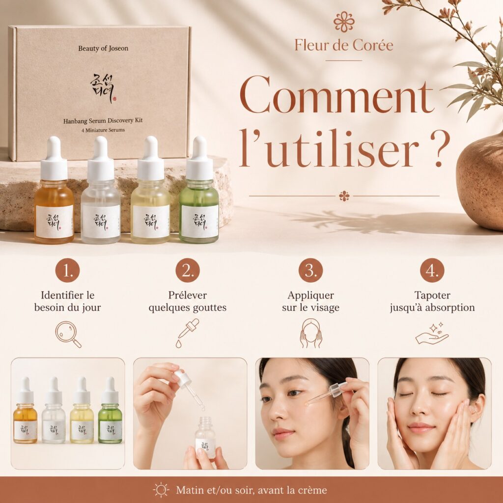 Guide d’utilisation du Hanbang Serum Discovery Kit en quatre étapes : choisir son sérum, prélever quelques gouttes, appliquer puis tapoter.
