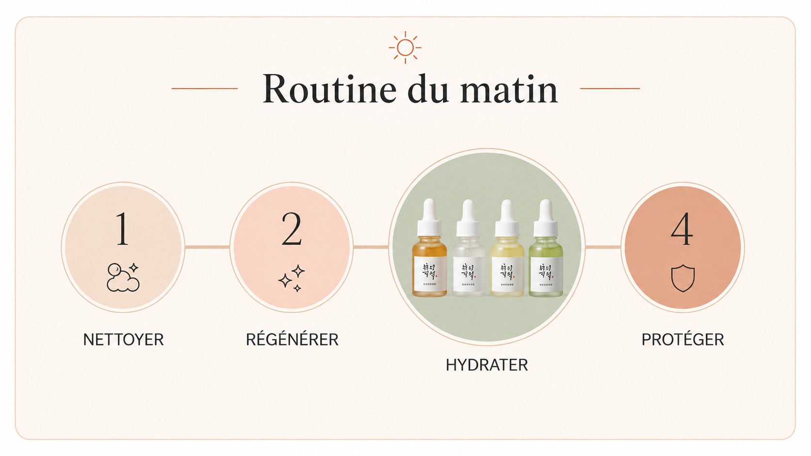 Schéma de routine du matin montrant les quatre mini-sérums Beauty of Joseon intégrés à l’étape de soin ciblé.