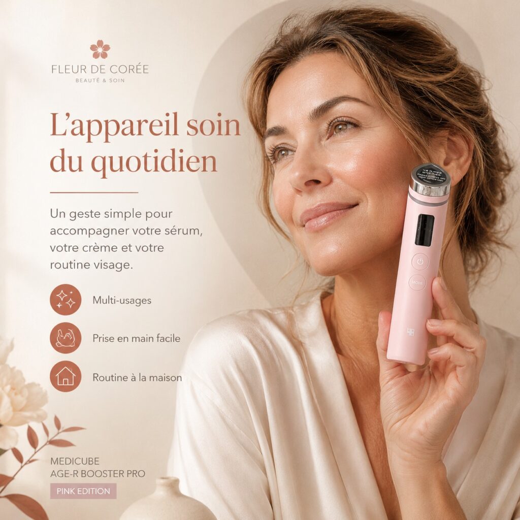 Femme utilisant le Medicube AGE-R Booster Pro Pink Edition sur la joue, présenté comme appareil de soin du quotidien.