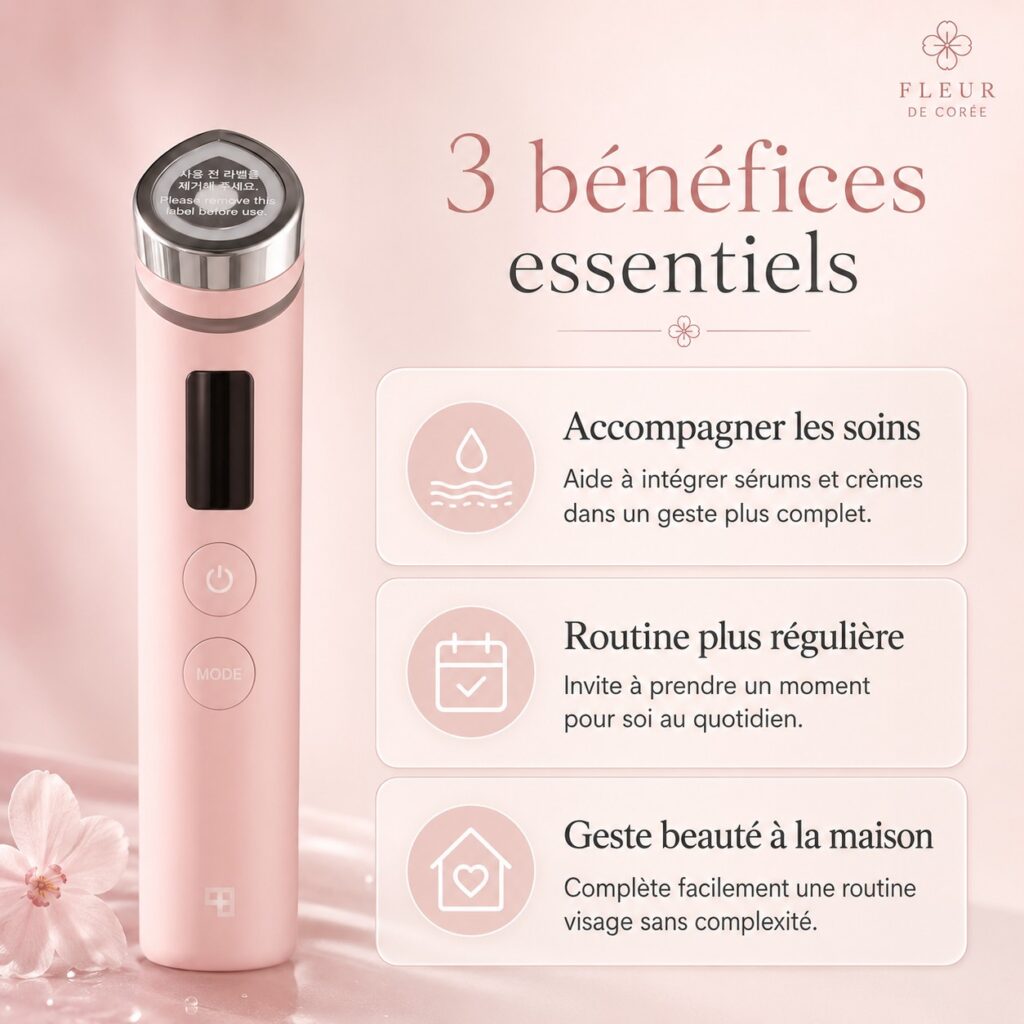 Medicube AGE-R Booster Pro Pink Edition accompagné de trois bénéfices d’usage : accompagner les soins, régularité et routine à domicile.