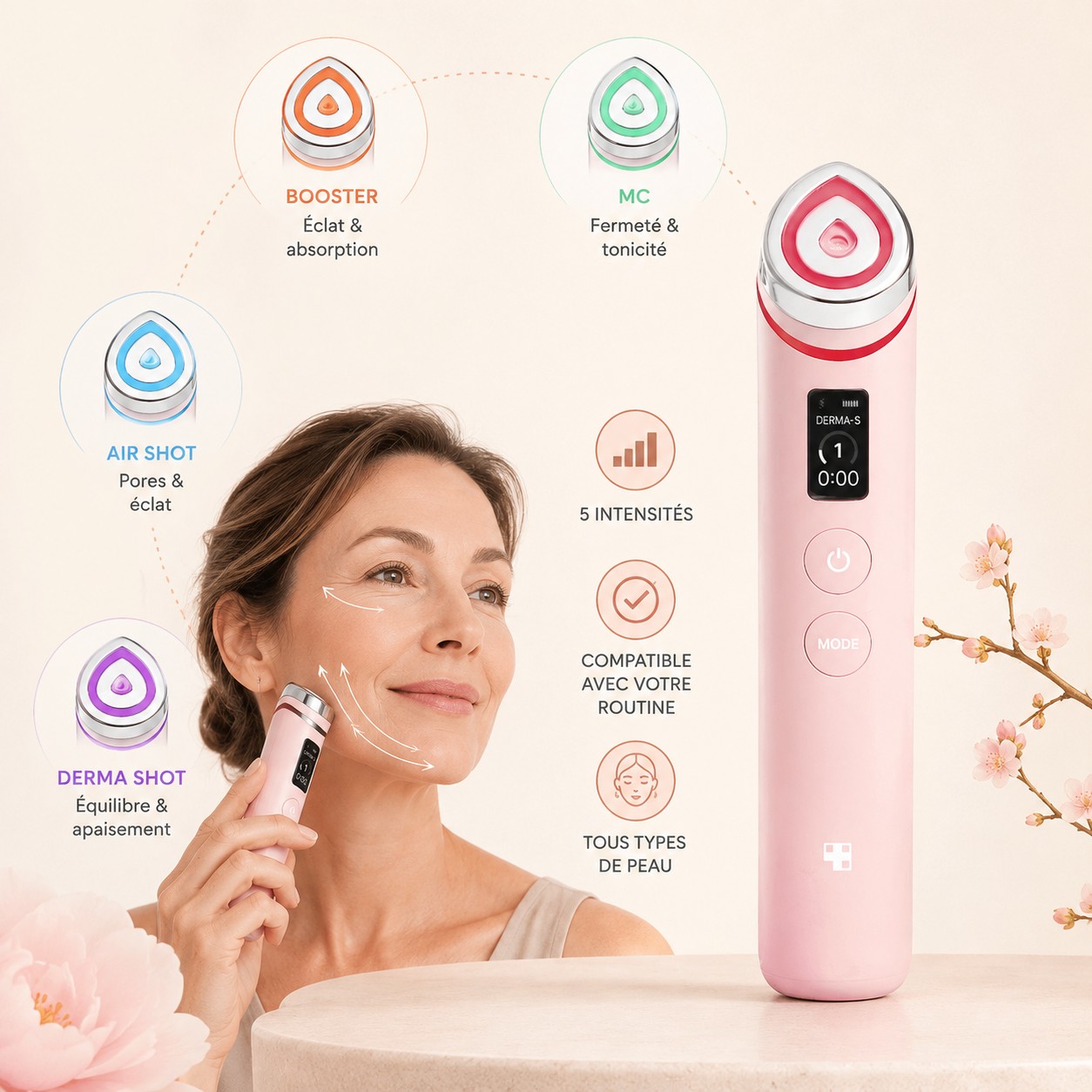 Medicube AGE-R Booster Pro Pink Edition avec ses quatre modes colorés et démonstration des mouvements d’application sur le visage.