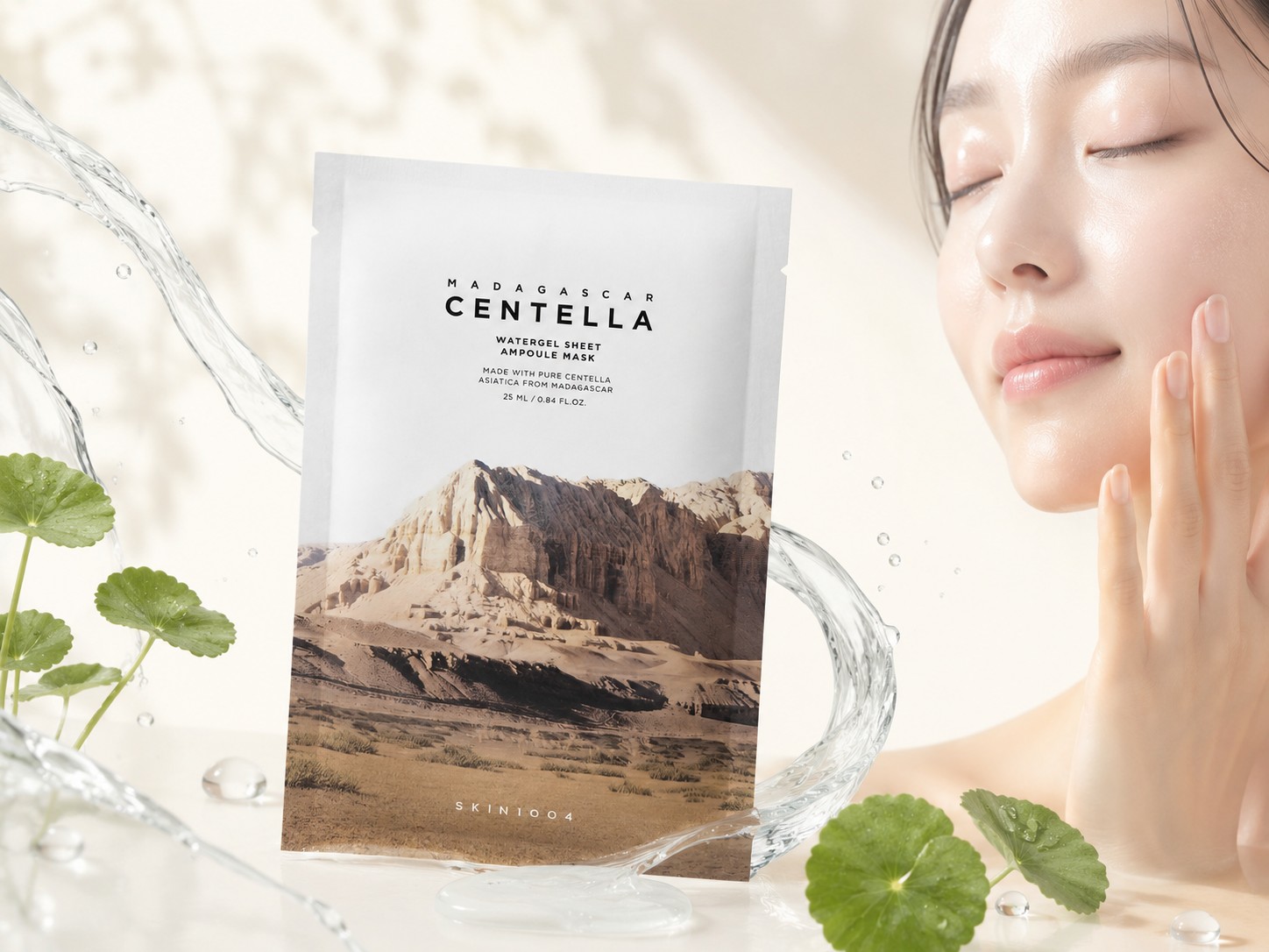SKIN1004 Madagascar Centella Watergel Sheet Ampoule Mask dans un décor aquatique avec centella, illustrant l’hydratation de la peau.