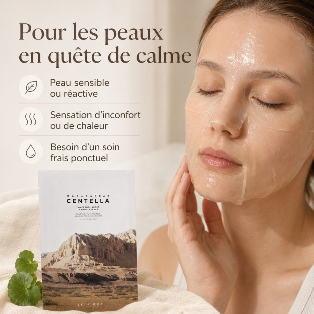 SKIN1004 Madagascar Centella Watergel Sheet Ampoule Mask présenté pour les peaux en quête de calme et de confort.