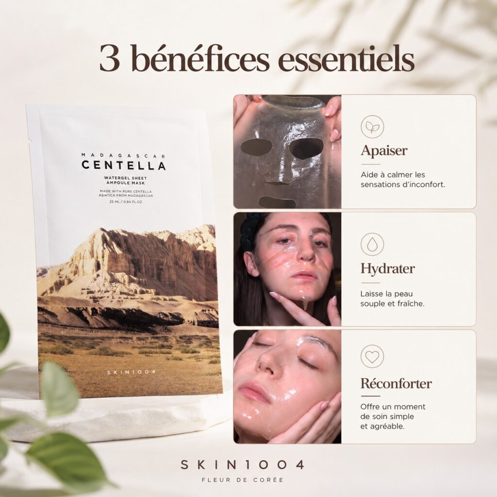 Trois bénéfices du SKIN1004 Madagascar Centella Watergel Sheet Ampoule Mask illustrés par des scènes d’apaisement, d’hydratation et de confort.