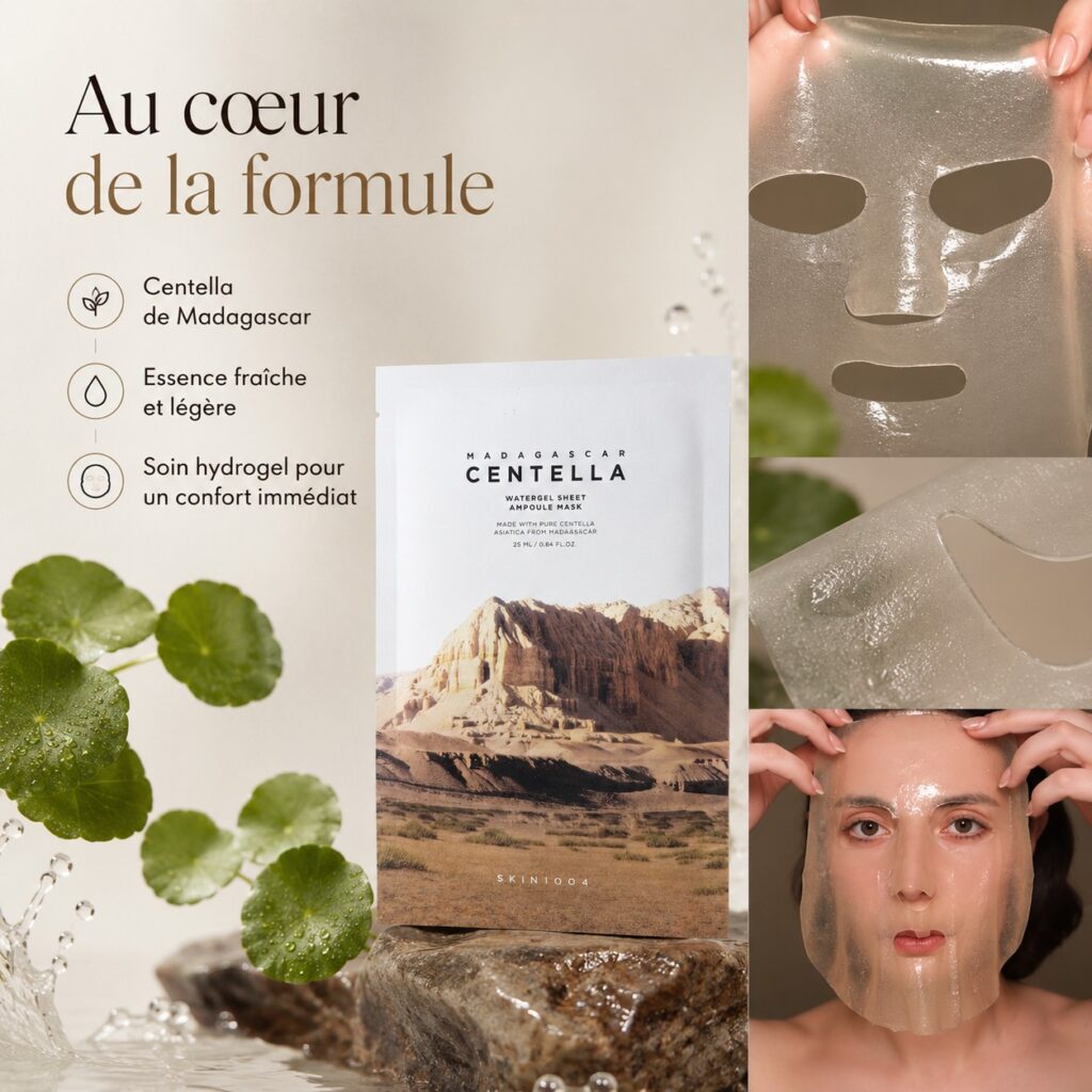 Centella et texture du masque SKIN1004 Madagascar Centella présentées autour du sachet pour illustrer sa formule.